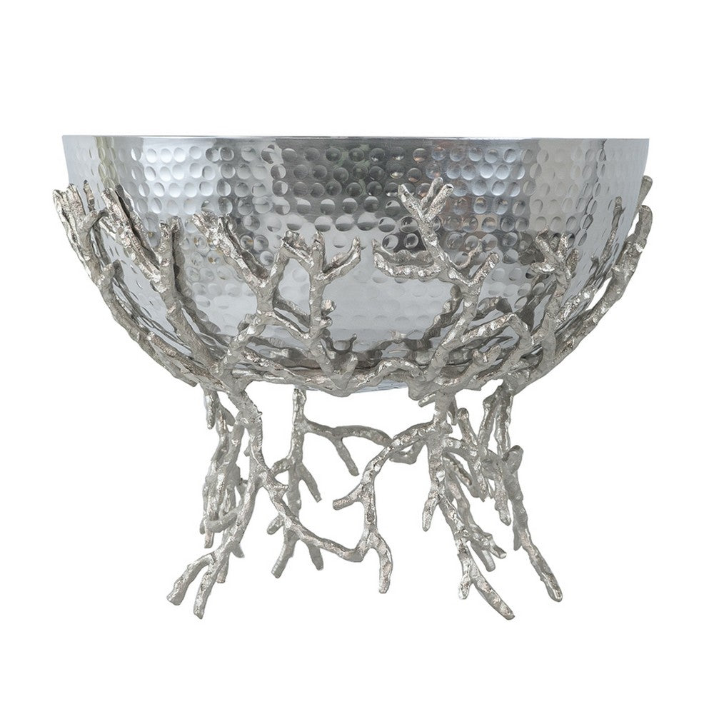 Elsie Hammered Decorative Bowl | Nickel Twig Base | Silver Aluminum 11"
