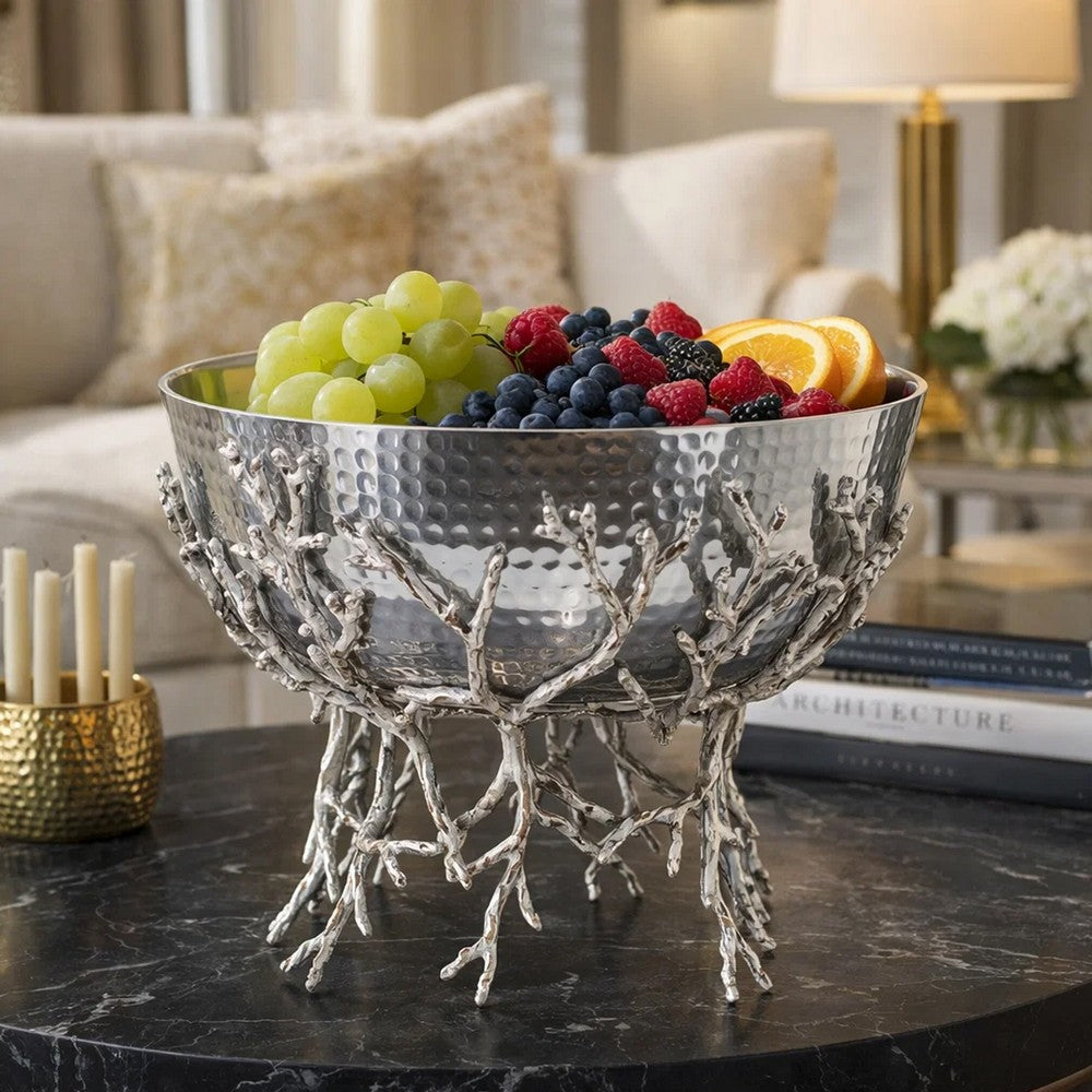 Elsie Hammered Decorative Bowl | Nickel Twig Base | Silver Aluminum 11"