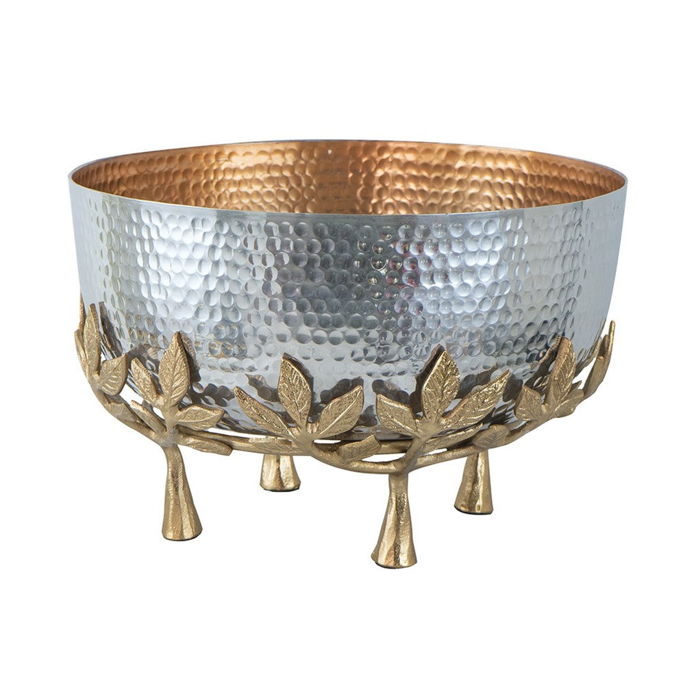 Diane Hammered Bowl with Raised Floral Stand | Silver-Gold Aluminum 13"