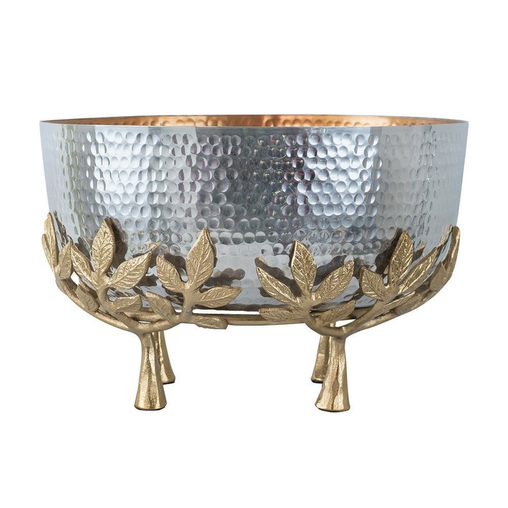 Diane Hammered Bowl with Raised Floral Stand | Silver-Gold Aluminum 13"
