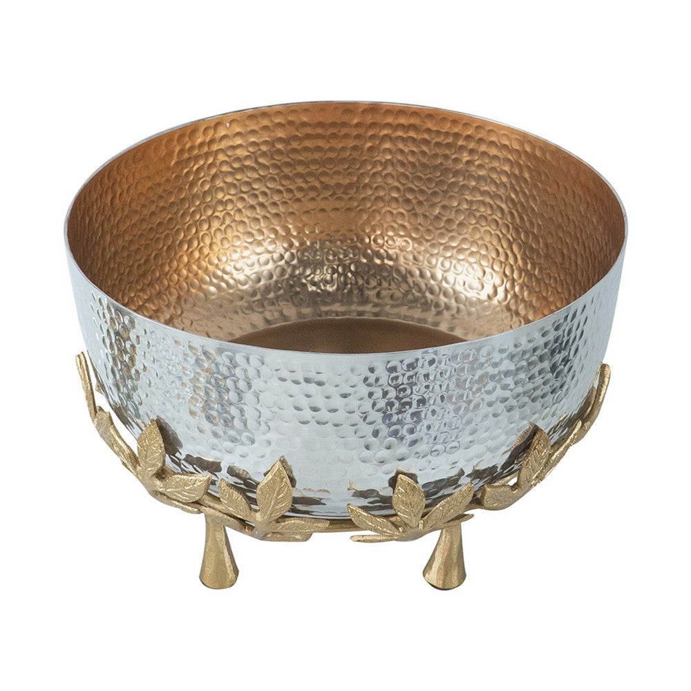 Diane Hammered Bowl with Raised Floral Stand | Silver-Gold Aluminum 13"