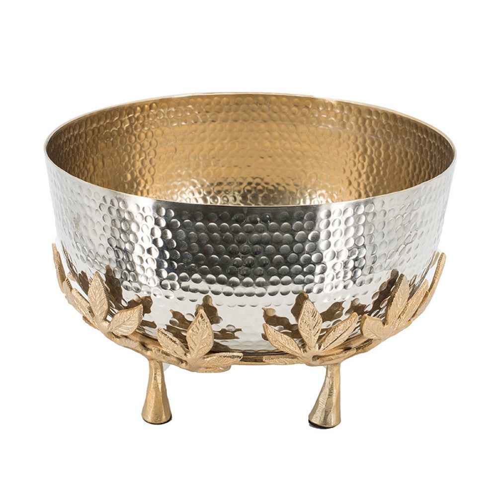 Diane Hammered Bowl with Raised Floral Stand | Silver-Gold Aluminum 13"