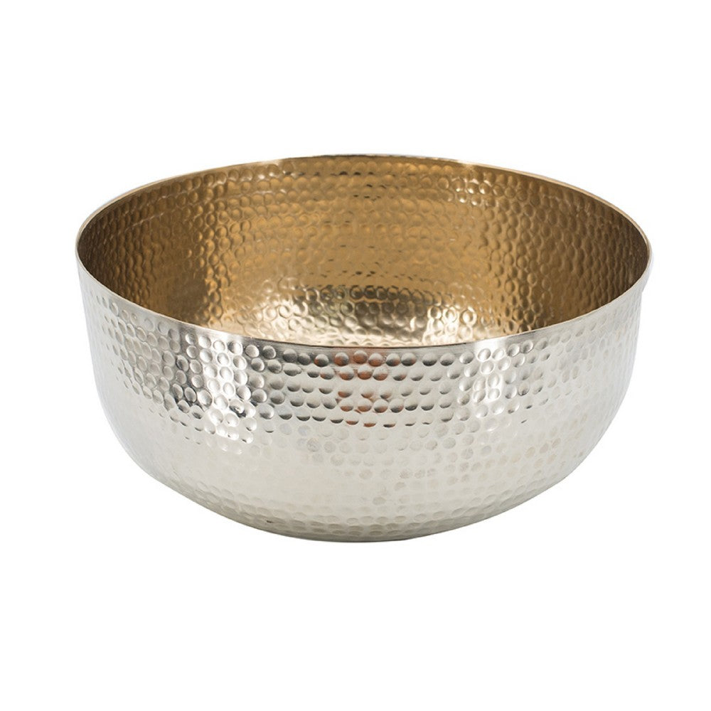 Diane Hammered Bowl with Raised Floral Stand | Silver-Gold Aluminum 13"