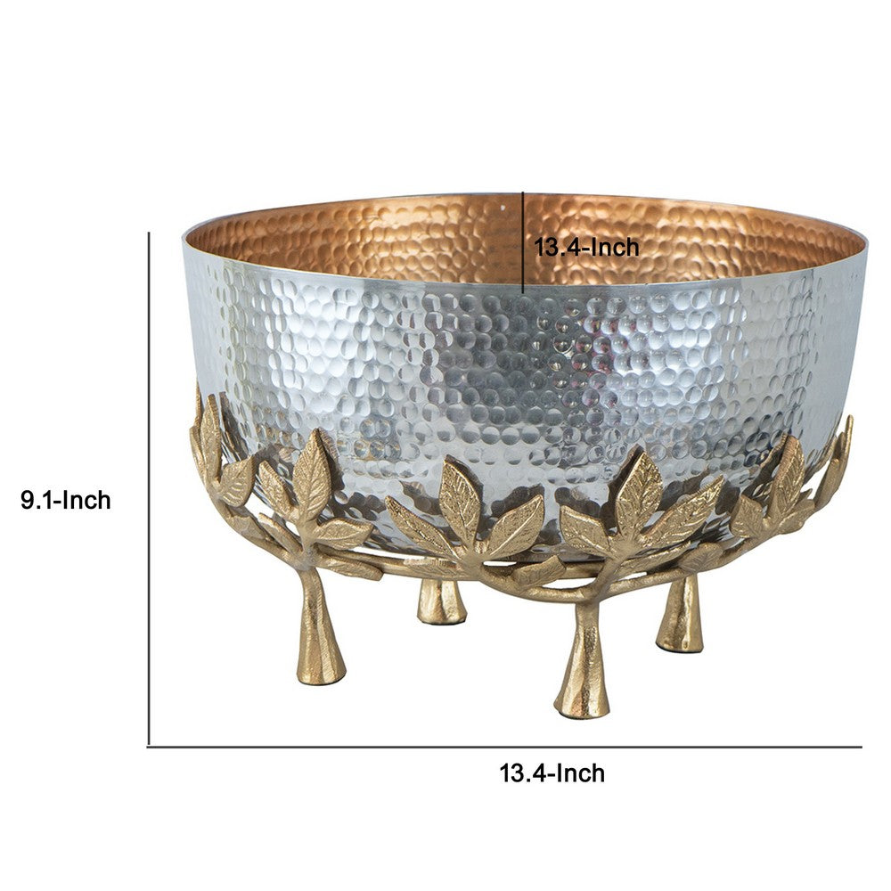 Diane Hammered Bowl with Raised Floral Stand | Silver-Gold Aluminum 13"