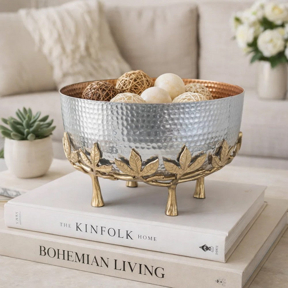 Diane Hammered Bowl with Raised Floral Stand | Silver-Gold Aluminum 13"