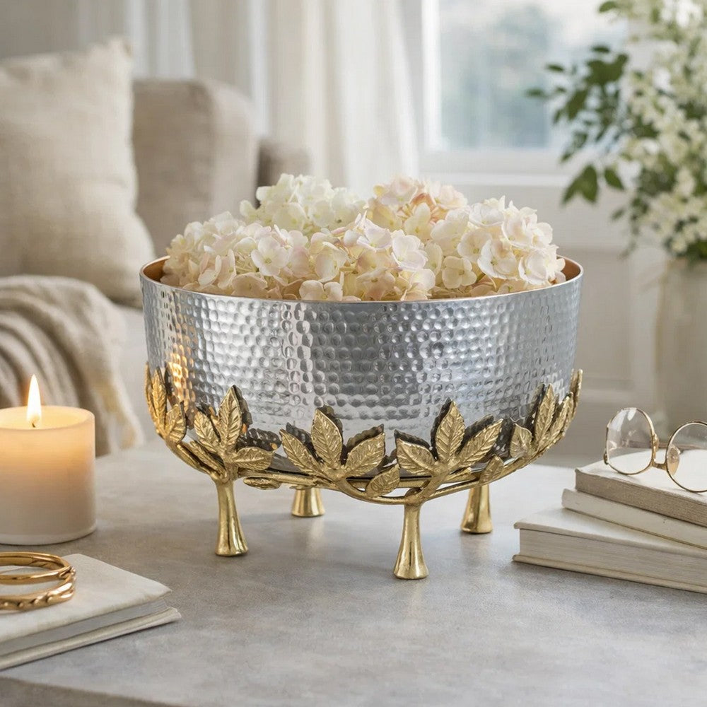 Diane Hammered Bowl with Raised Floral Stand | Silver-Gold Aluminum 13"
