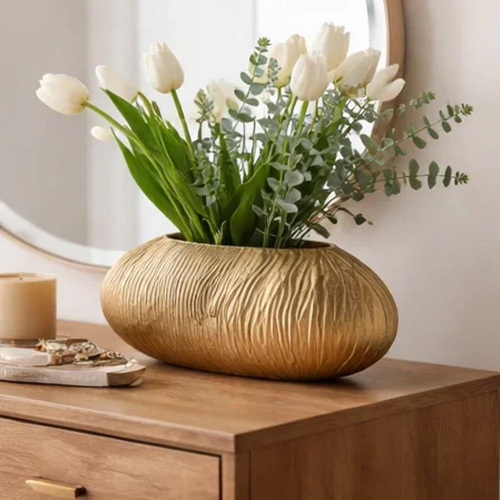 Judah Oval Disc Vase | Carved Timber-Like Texture | Gold Aluminum 16"