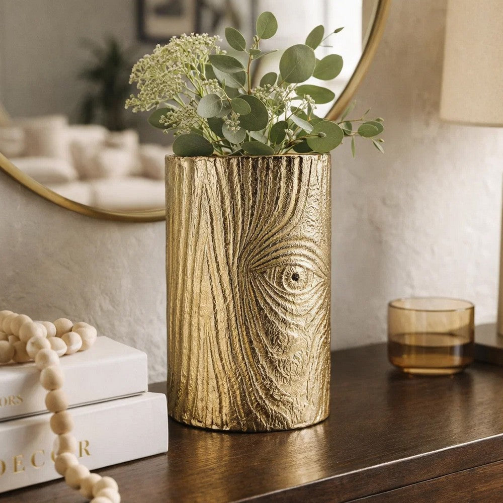 Titus Decorative Eye Vase | Sculpted Linear Wood Grain Gold Aluminum 10"