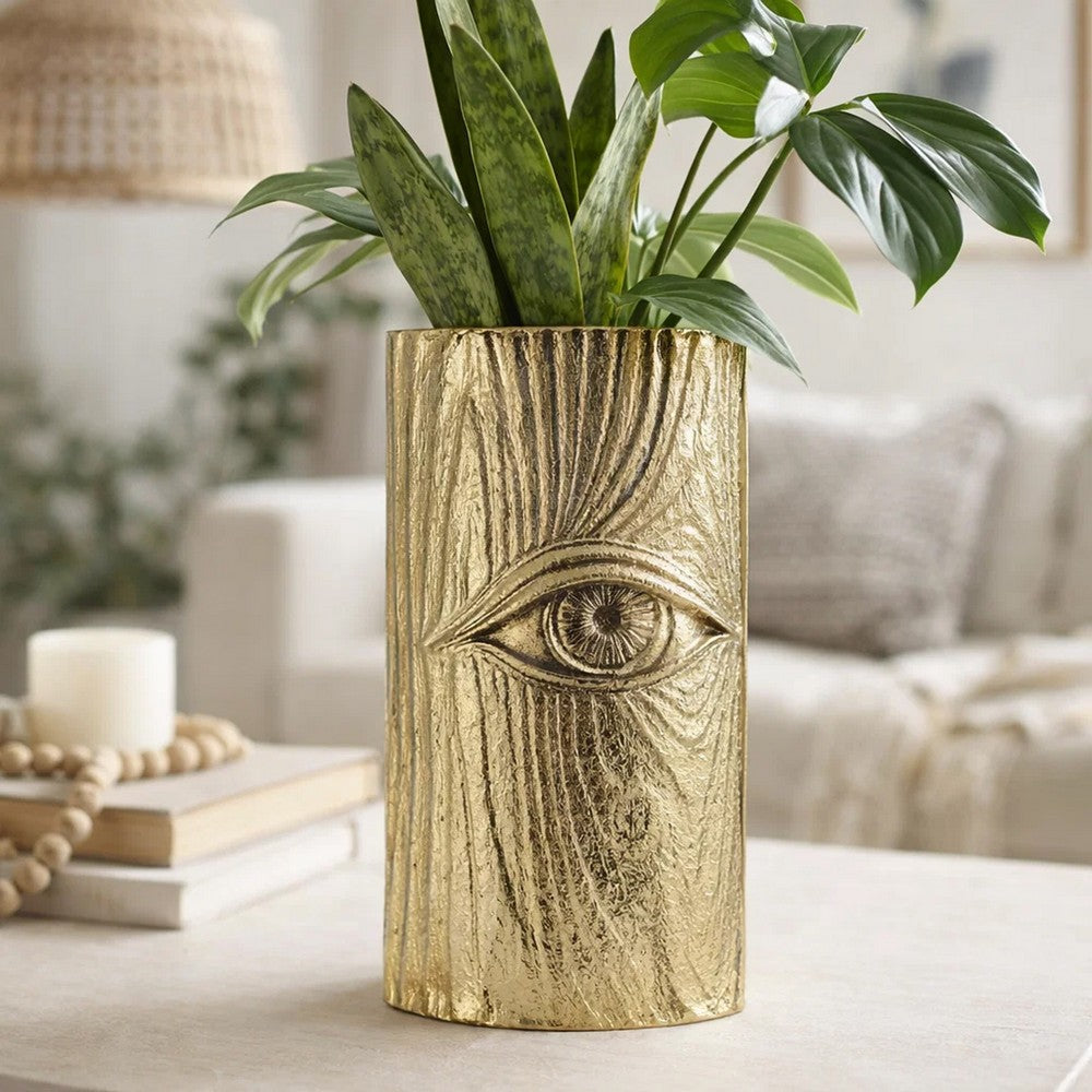 Titus Decorative Eye Vase | Sculpted Linear Wood Grain Gold Aluminum 10"