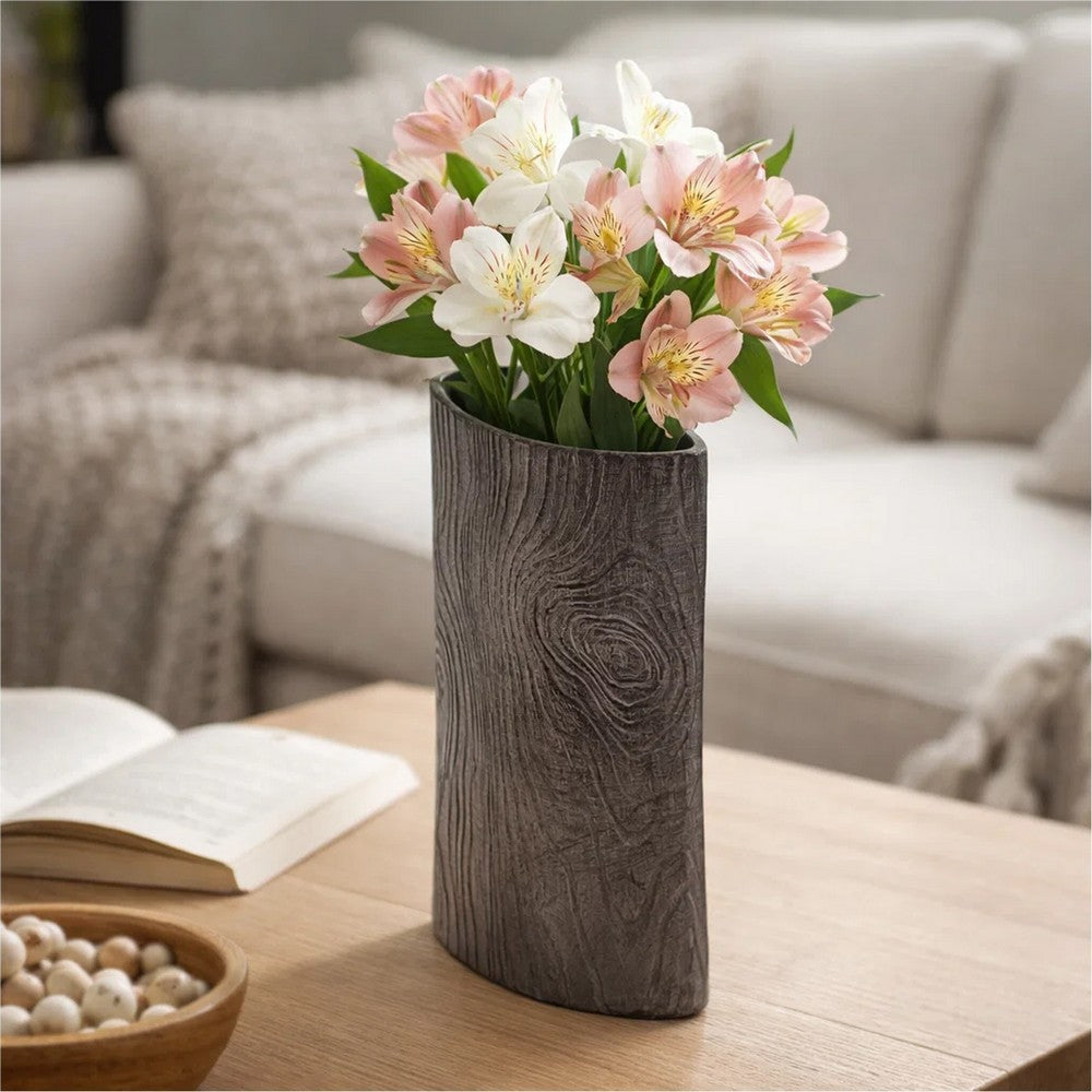 Faye Timber-Eye Decorative Vase | Wood-Grain Texture | Brown Aluminum 12"