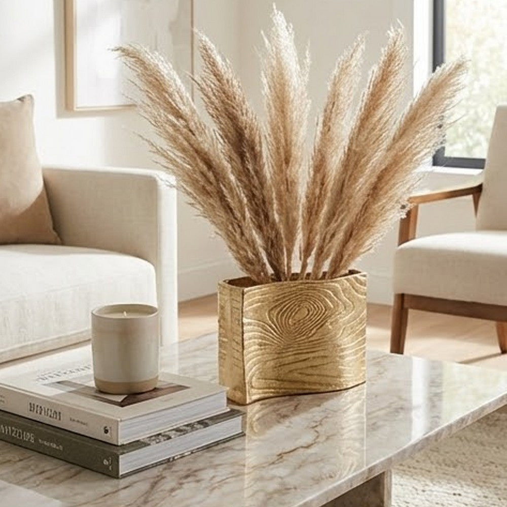 Opal Wavy Rectangular Vase | Grain Pattern Curved Rim Gold Aluminum 10"