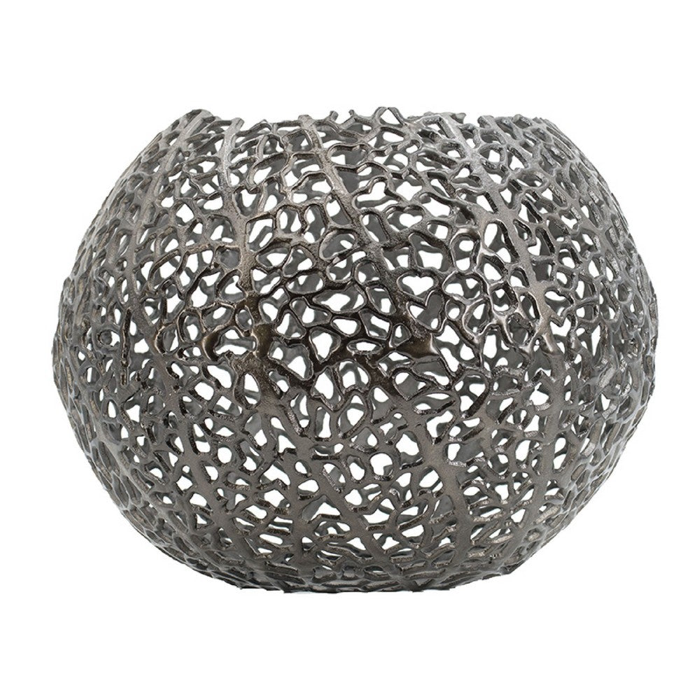 Maia Round Vase with Openwork Design | Hollow Form | Black Aluminum 16"