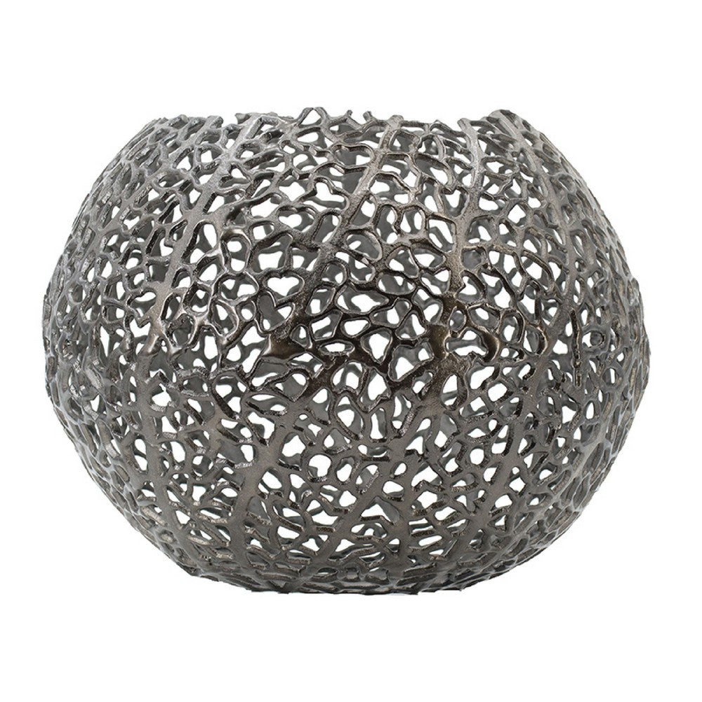 Maia Round Vase with Openwork Design | Hollow Form | Black Aluminum 16"