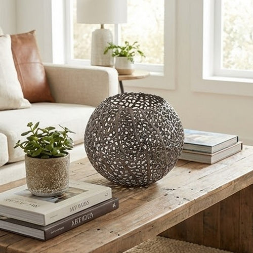 Maia Round Vase with Openwork Design | Hollow Form | Black Aluminum 16"