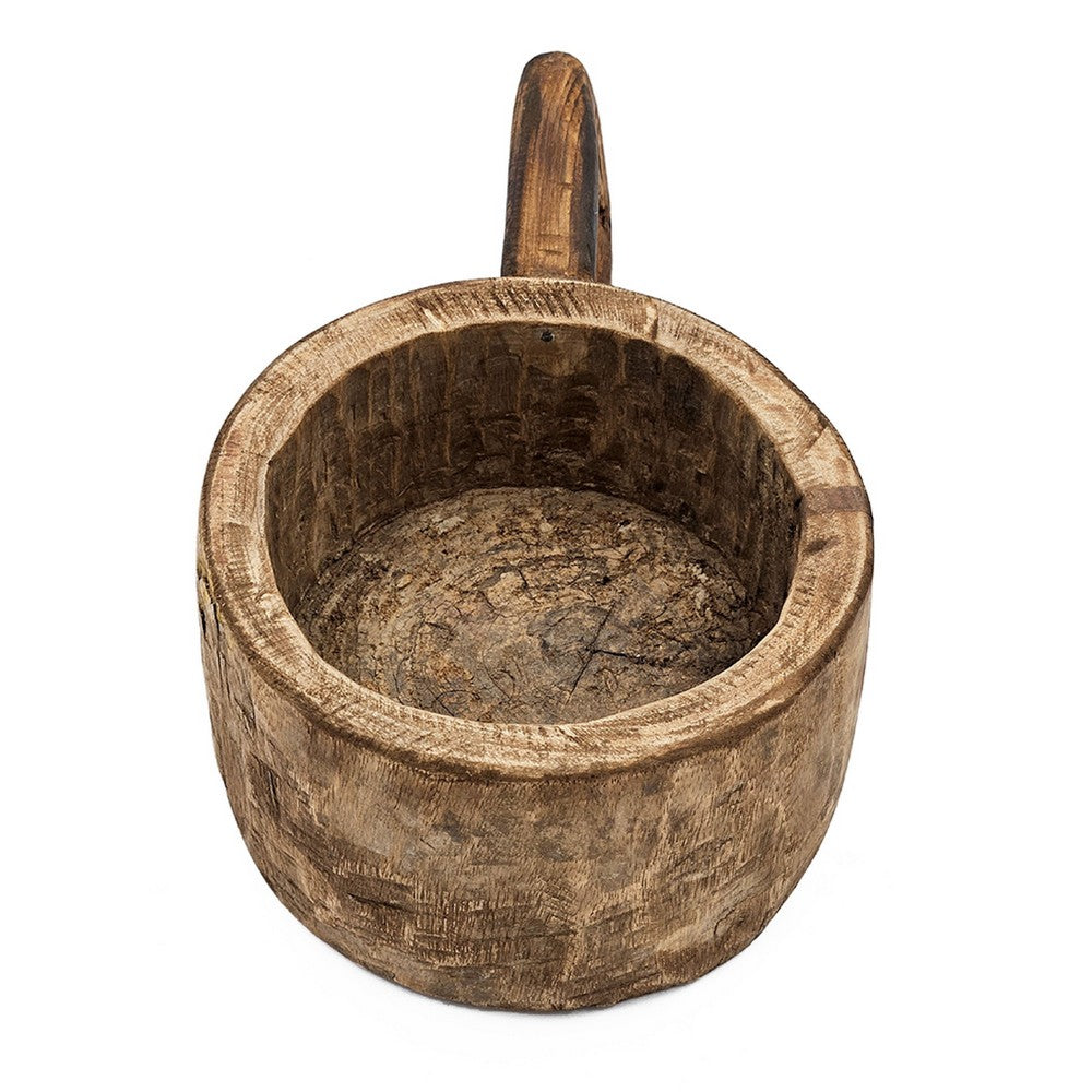 Round Antique Bowl | Square Handle | Hand Carved | Rustic Brown Wood 12"