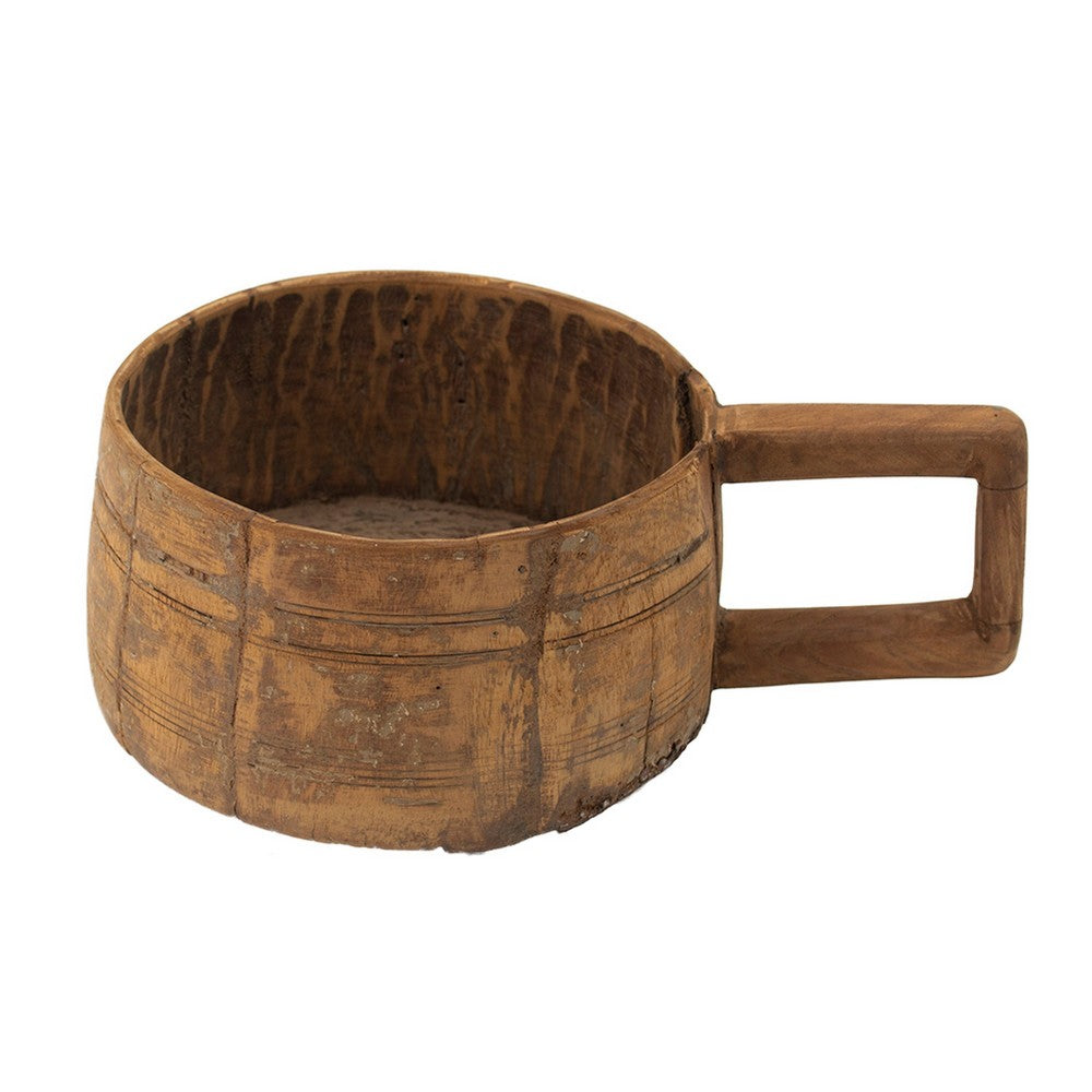 Round Antique Bowl | Square Handle | Hand Carved | Rustic Brown Wood 12"