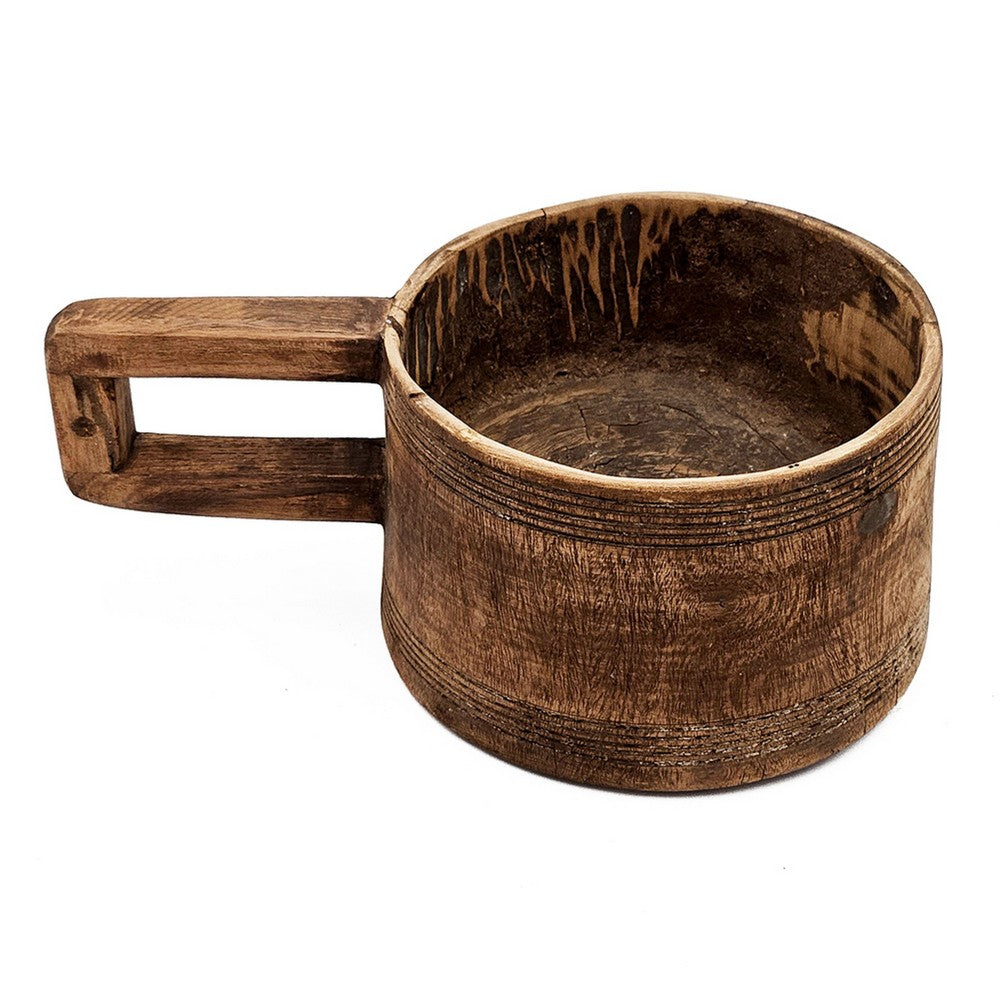 Round Antique Bowl | Square Handle | Hand Carved | Rustic Brown Wood 12"
