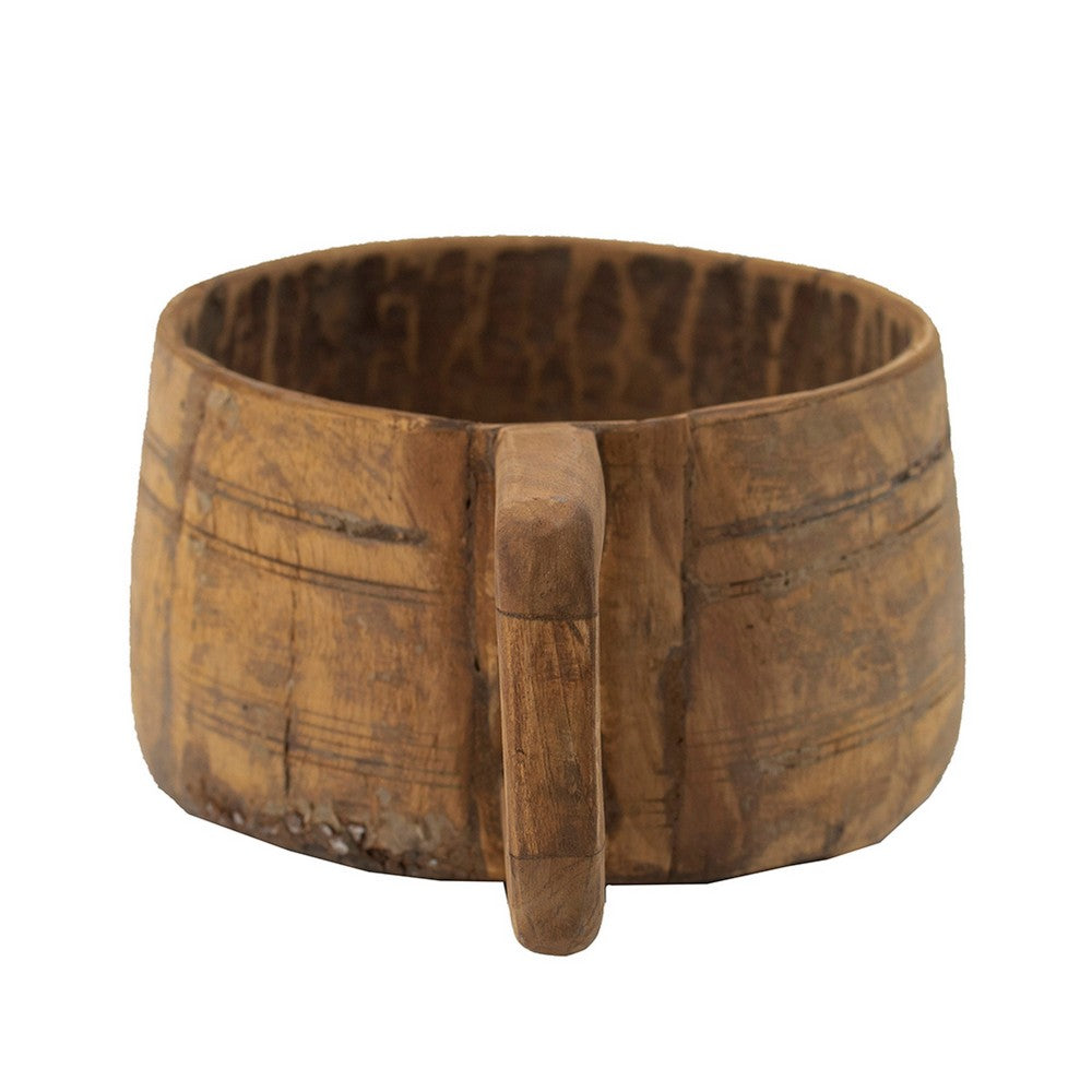 Round Antique Bowl | Square Handle | Hand Carved | Rustic Brown Wood 12"