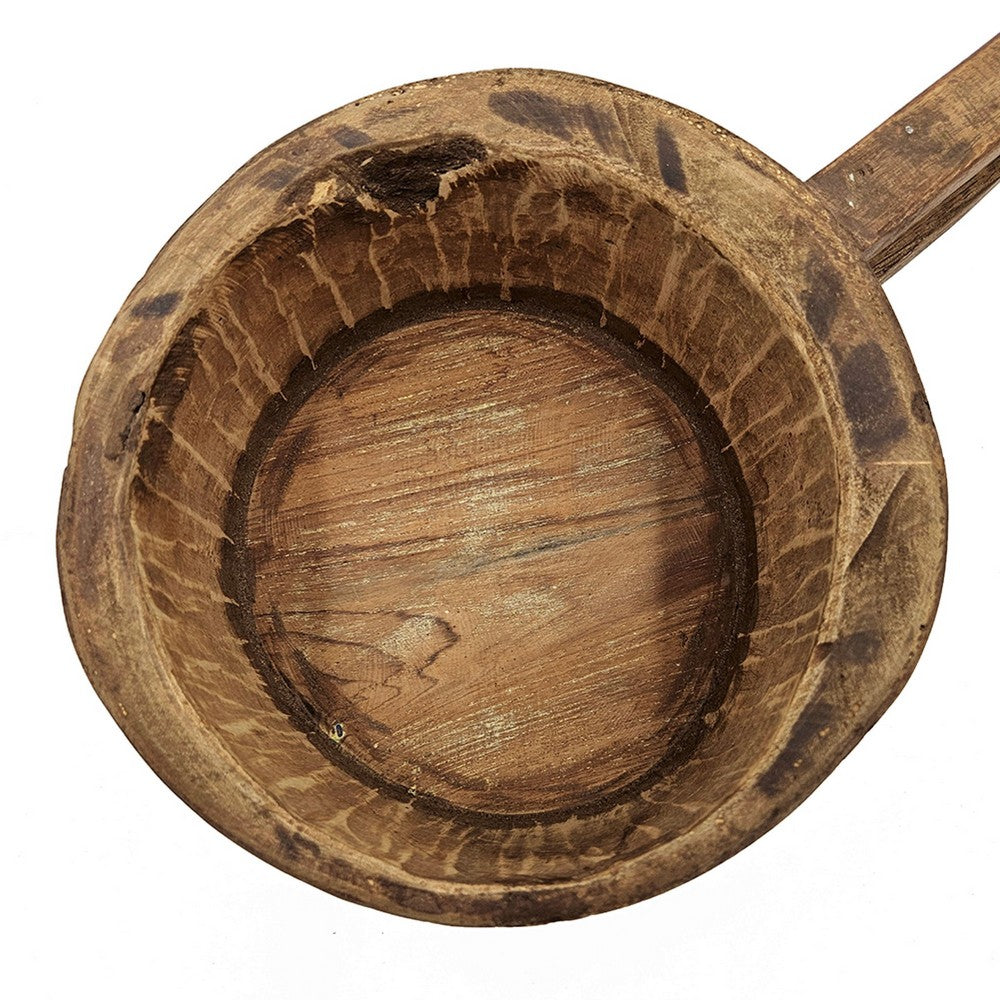 Round Antique Bowl | Square Handle | Hand Carved | Rustic Brown Wood 12"