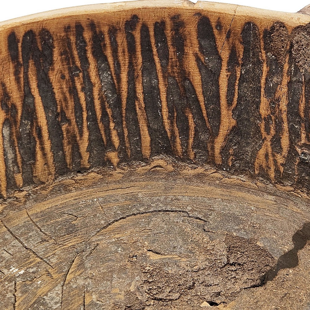 Round Antique Bowl | Square Handle | Hand Carved | Rustic Brown Wood 12"
