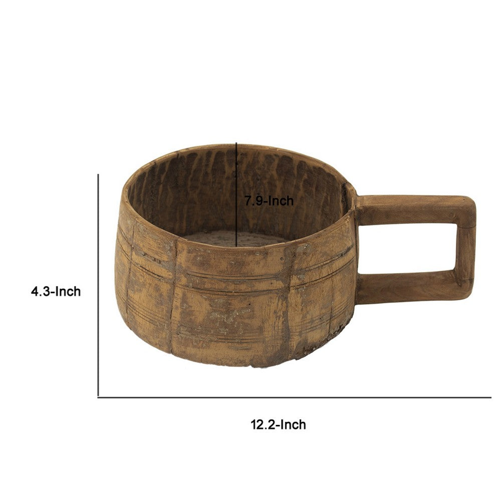 Round Antique Bowl | Square Handle | Hand Carved | Rustic Brown Wood 12"
