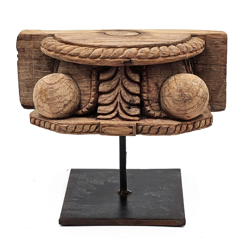 Drex Authentic Accented Wood Decorative Pillar | Black Metal Stand 15"