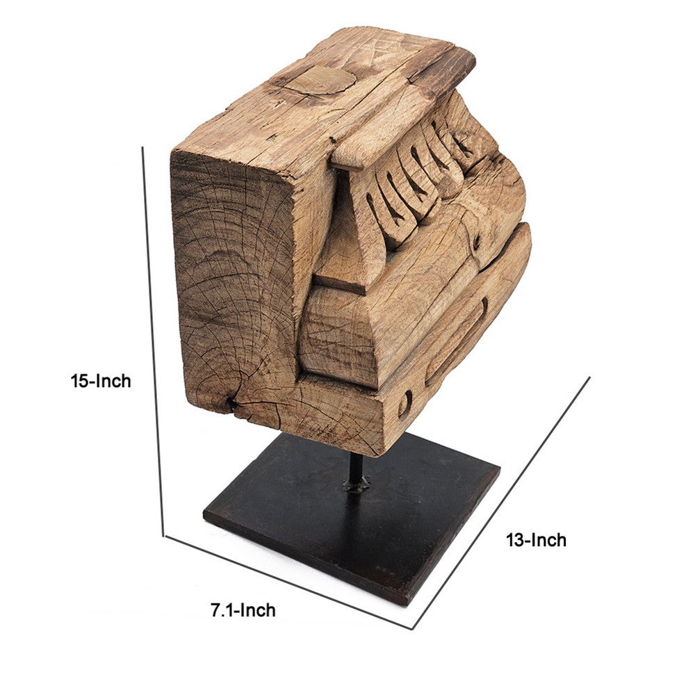 Drex Authentic Accented Wood Decorative Pillar | Black Metal Stand 15"