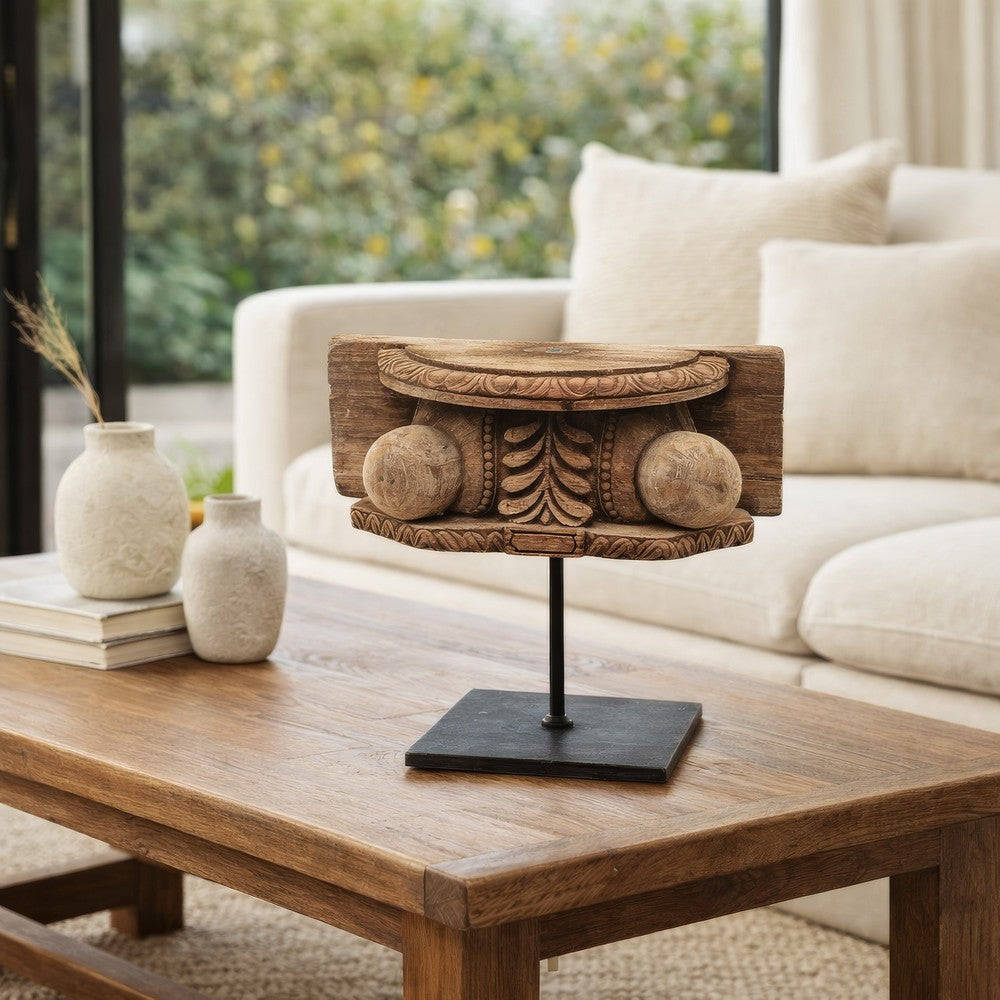 Drex Authentic Accented Wood Decorative Pillar | Black Metal Stand 15"