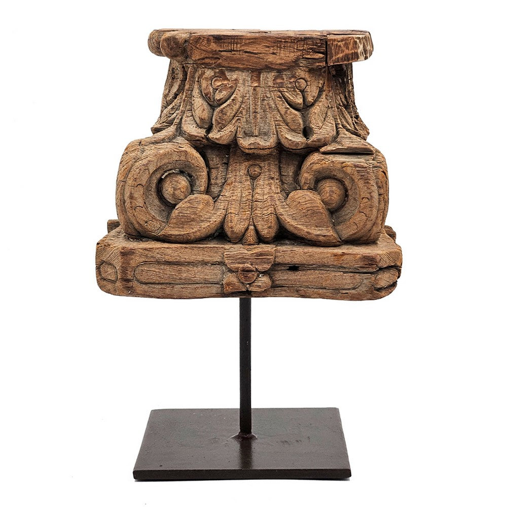 Mae Hand-Carved Decorative Pillar | Metal Stand | Antique Wood 16"