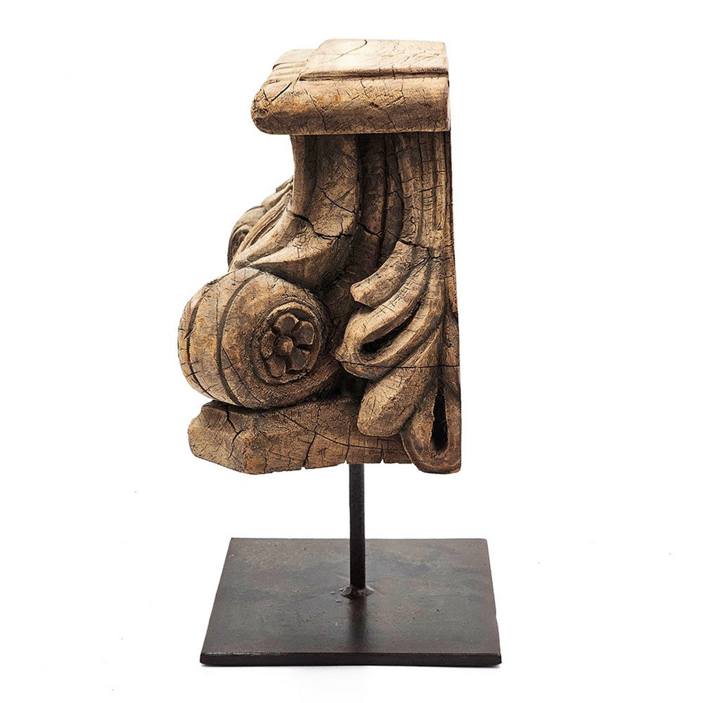 Mae Hand-Carved Decorative Pillar | Metal Stand | Antique Wood 16"