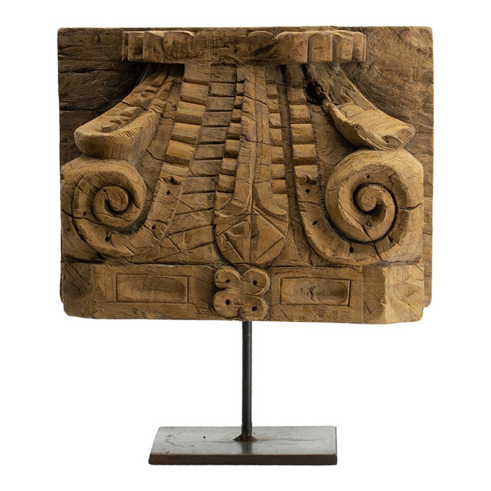 Mae Hand-Carved Decorative Pillar | Metal Stand | Antique Wood 16"