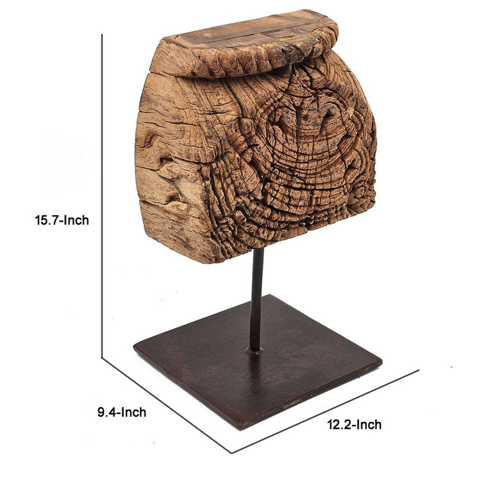 Mae Hand-Carved Decorative Pillar | Metal Stand | Antique Wood 16"