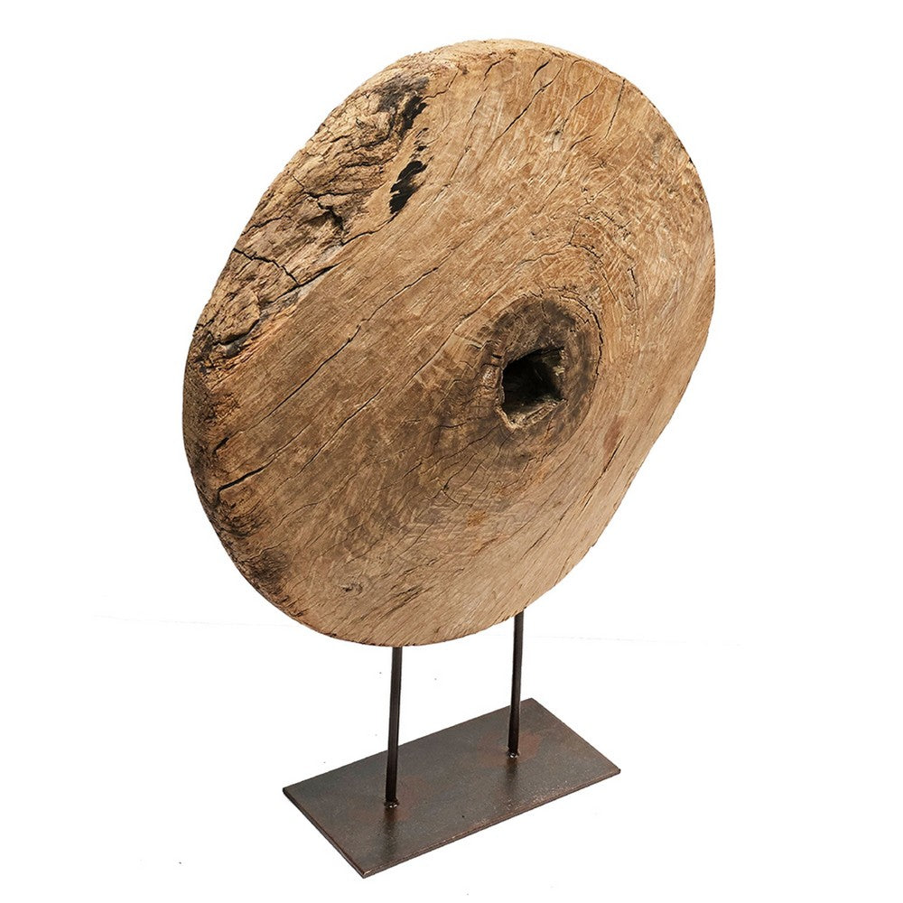 Coral Authentic Wood Cart-Wheel Sculpture on Black Stand | 27"