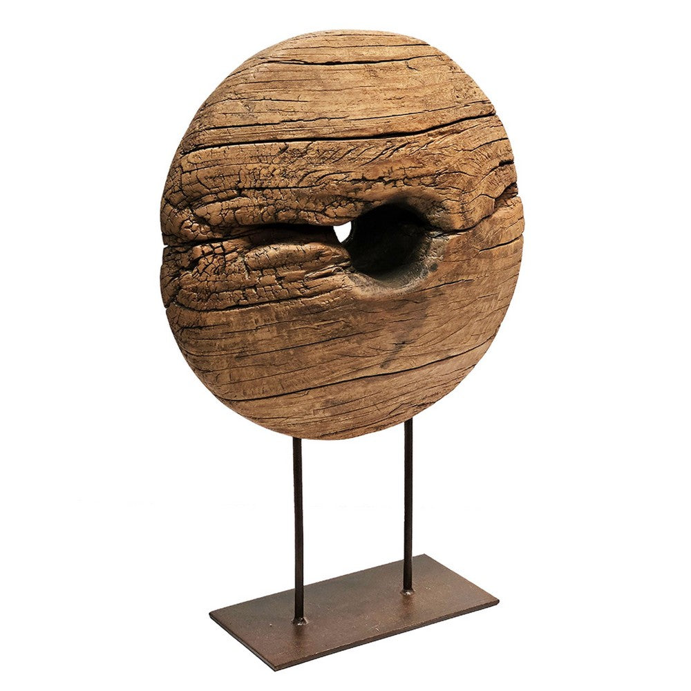 Coral Authentic Wood Cart-Wheel Sculpture on Black Stand | 27"