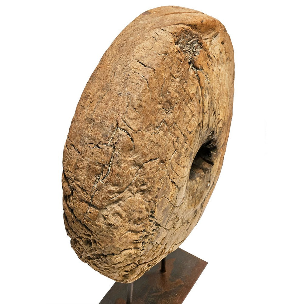 Coral Authentic Wood Cart-Wheel Sculpture on Black Stand | 27"