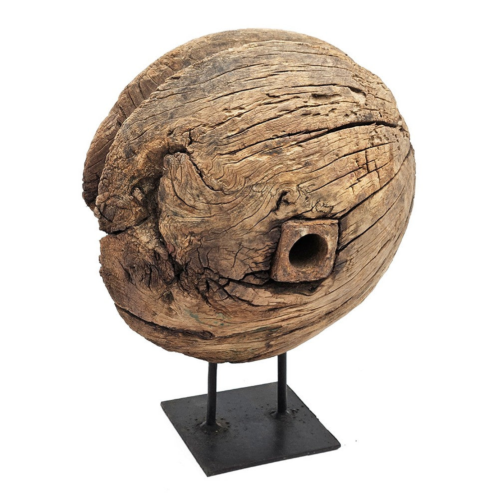 Otis Decorative Pulley Wheel on Metal Stand | Brown Aged Wood 18"