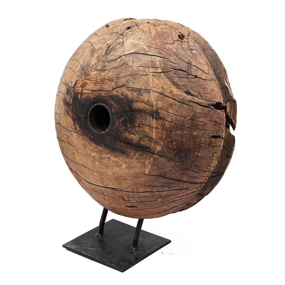 Otis Decorative Pulley Wheel on Metal Stand | Brown Aged Wood 18"
