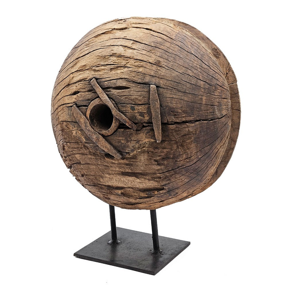 Otis Decorative Pulley Wheel on Metal Stand | Brown Aged Wood 18"