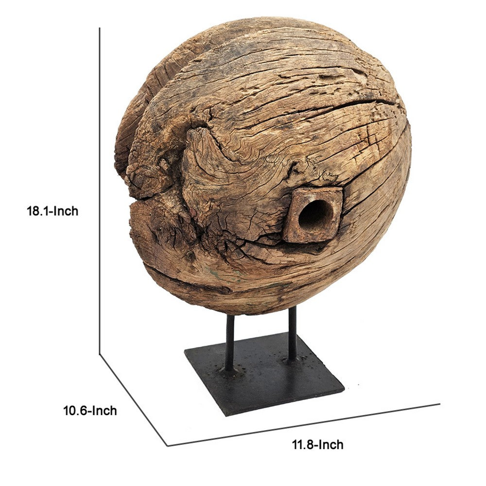 Otis Decorative Pulley Wheel on Metal Stand | Brown Aged Wood 18"