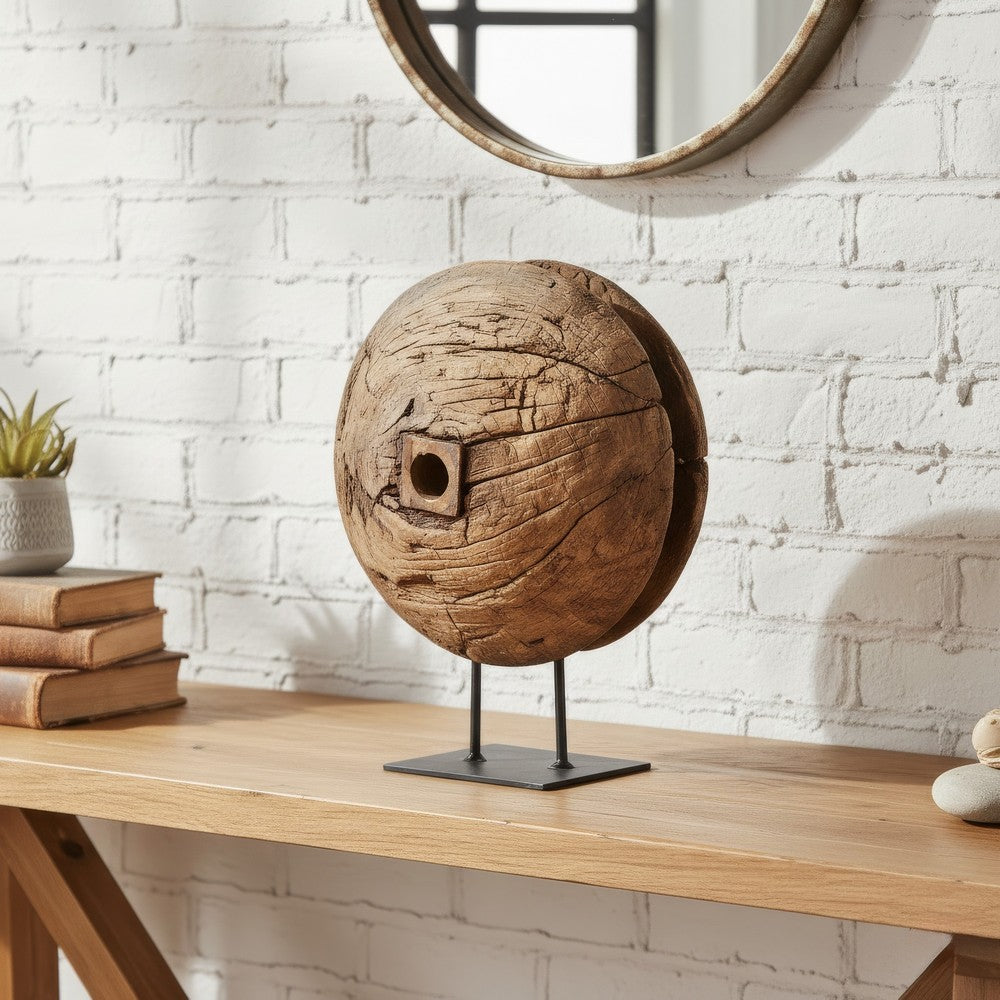 Otis Decorative Pulley Wheel on Metal Stand | Brown Aged Wood 18"