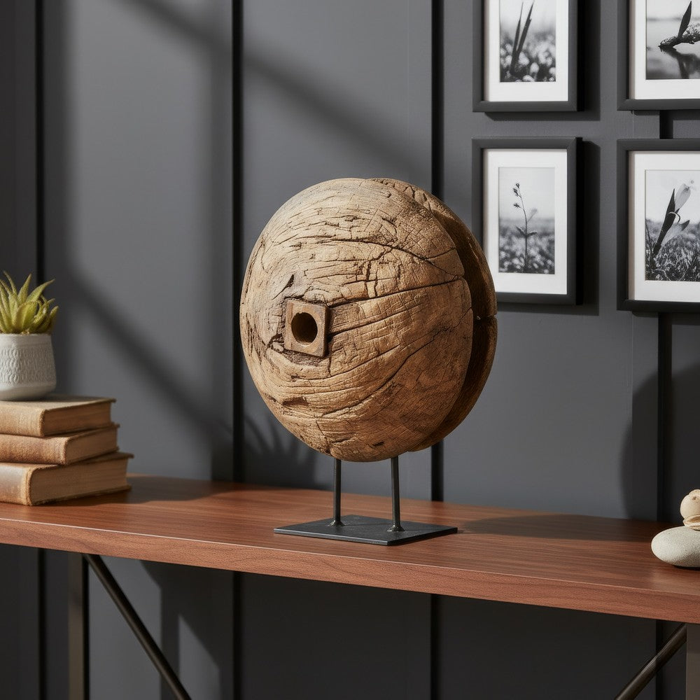 Otis Decorative Pulley Wheel on Metal Stand | Brown Aged Wood 18"
