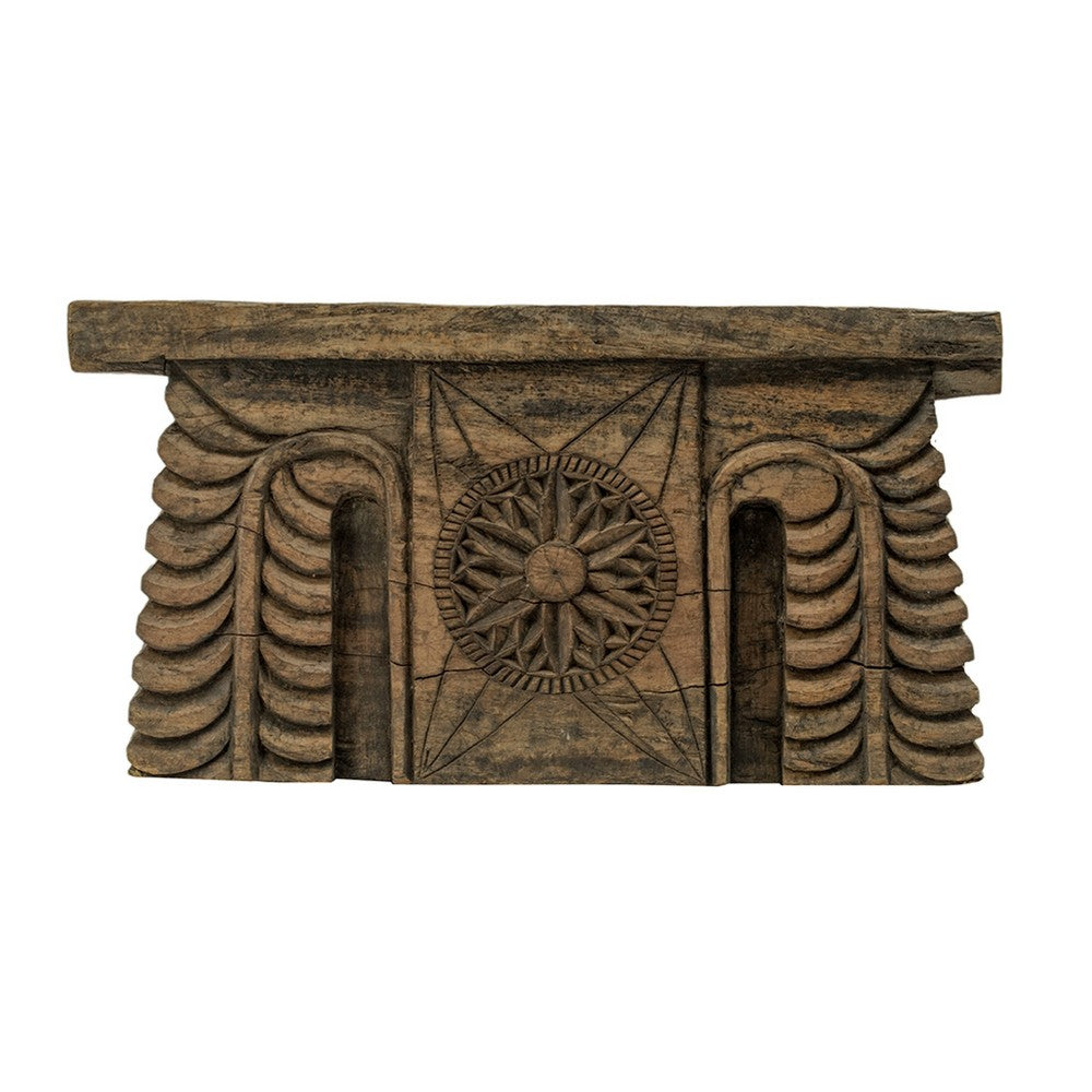 Emery Antique Carved 3-Pillar Candle Holder | Metal | Brown Old Wood 20"