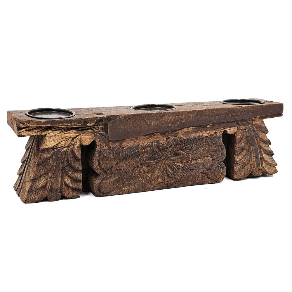 Emery Antique Carved 3-Pillar Candle Holder | Metal | Brown Old Wood 20"