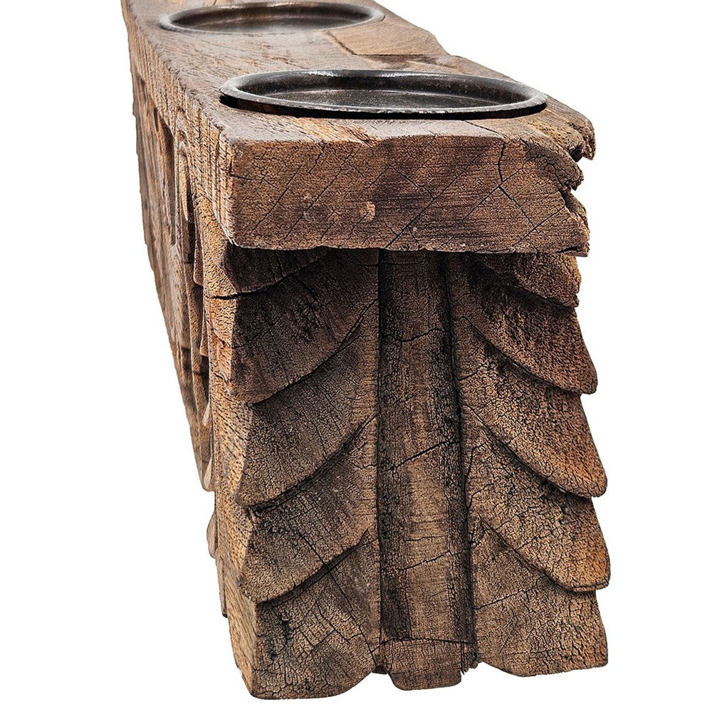 Emery Antique Carved 3-Pillar Candle Holder | Metal | Brown Old Wood 20"