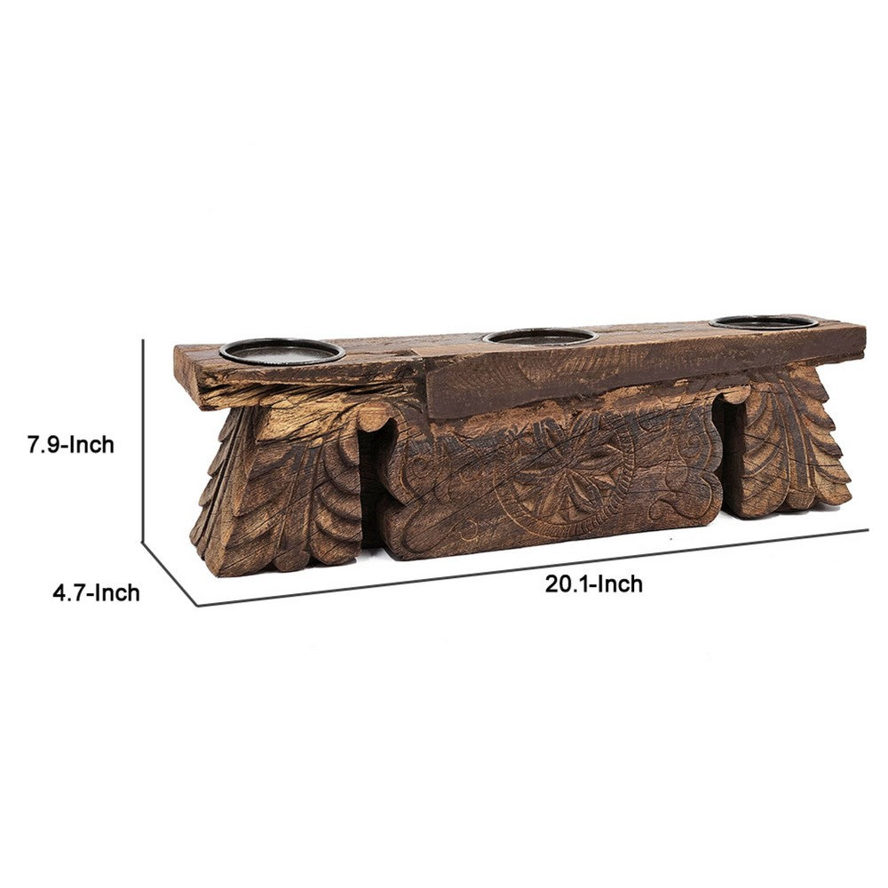 Emery Antique Carved 3-Pillar Candle Holder | Metal | Brown Old Wood 20"