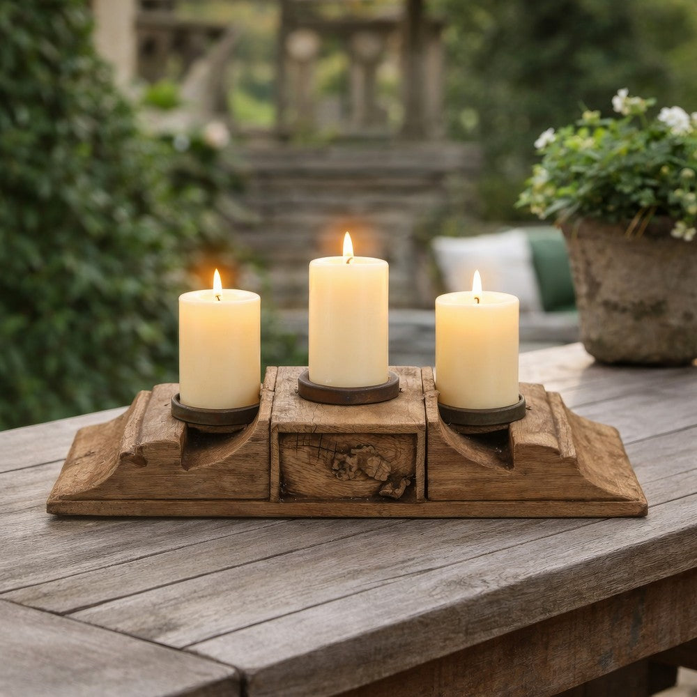 Emery Antique Carved 3-Pillar Candle Holder | Metal | Brown Old Wood 20"