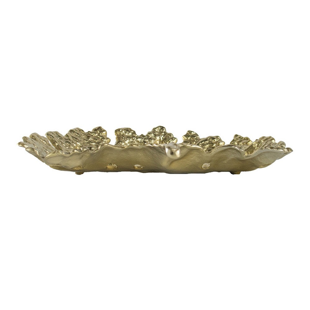 Lacey Decorative Plate | Textured Leaf Design Raised Edge Gold Metal 15"
