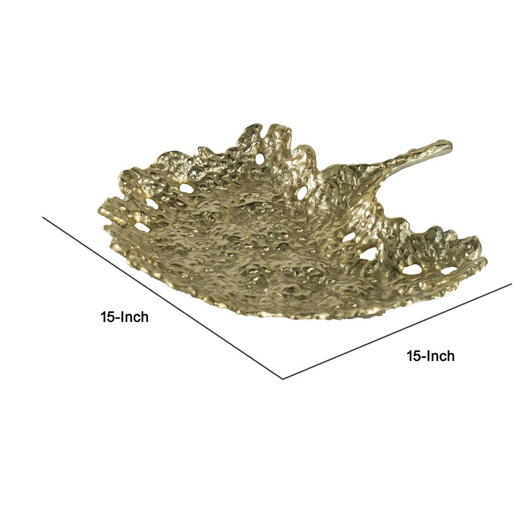 Lacey Decorative Plate | Textured Leaf Design Raised Edge Gold Metal 15"