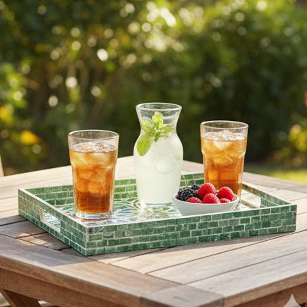 Berty Rectangular Decorative Tray | Mosaic Pattern Green-White Capiz 15"