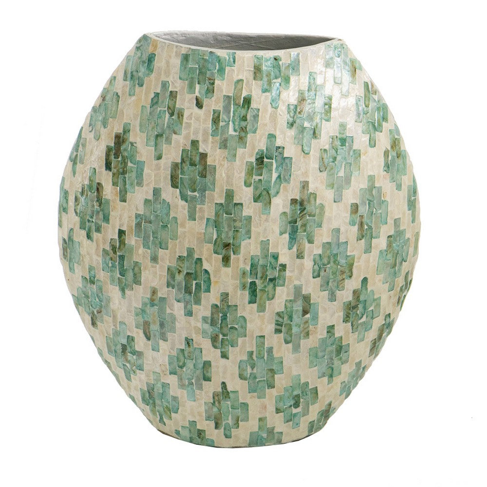 Rhys Decorative Vase | Hand-Applied Mosaic-Pattern Green-White Capiz 18"